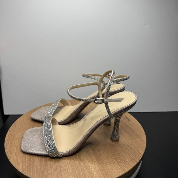 Betsey Johnson Flare Sparkly Rhinestone Square Toe Heels Silver Sandals Size 8.5 - Picture 6 of 8
